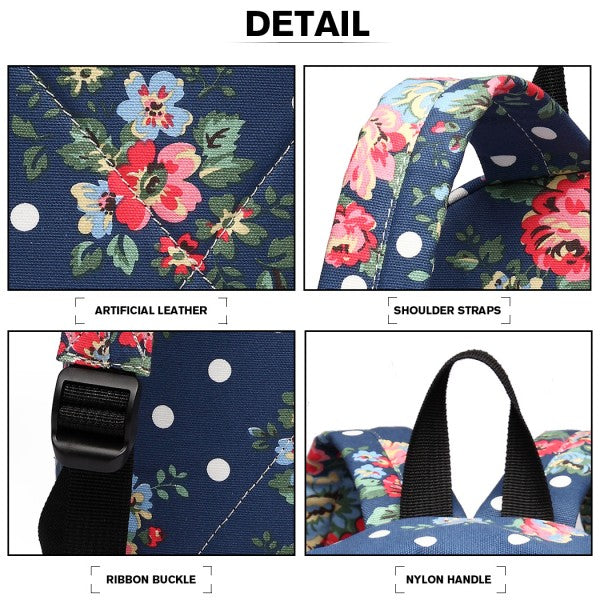 Miss Lulu Large Backpack Flower Polka Dot - Navy