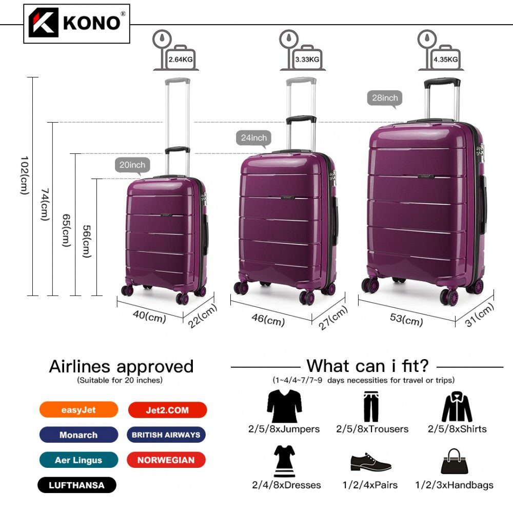 Kono 20/24/28” Hard Shell PP Suitcase Set - Purple