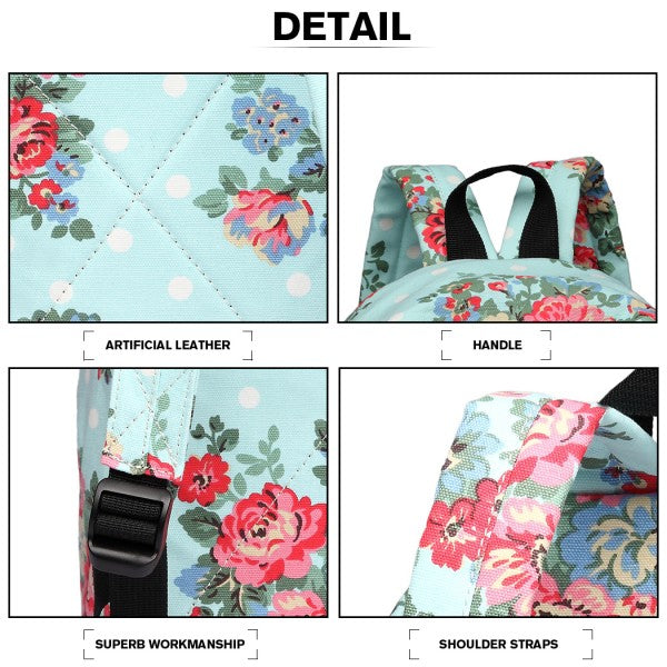 Miss Lulu Large Backpack Flower Polka Dot  - Light Blue