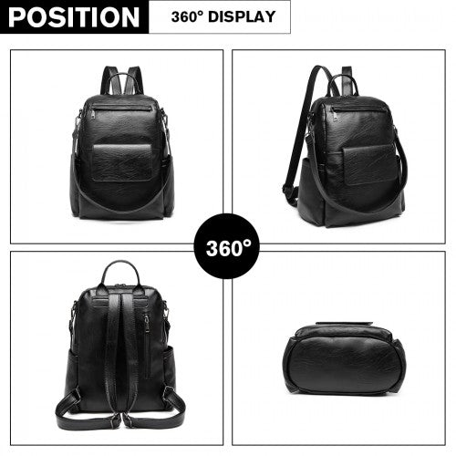 Miss Lulu Large Leather Look Backpack - Black