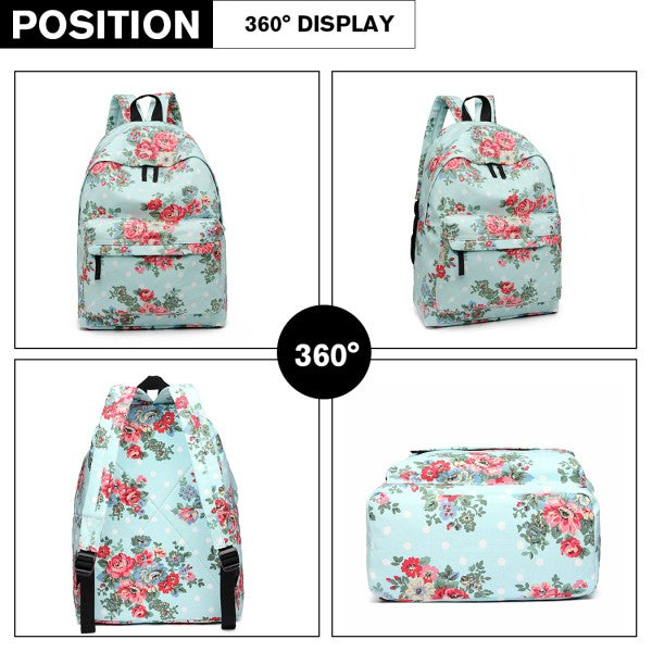 Miss Lulu Large Backpack Flower Polka Dot  - Light Blue