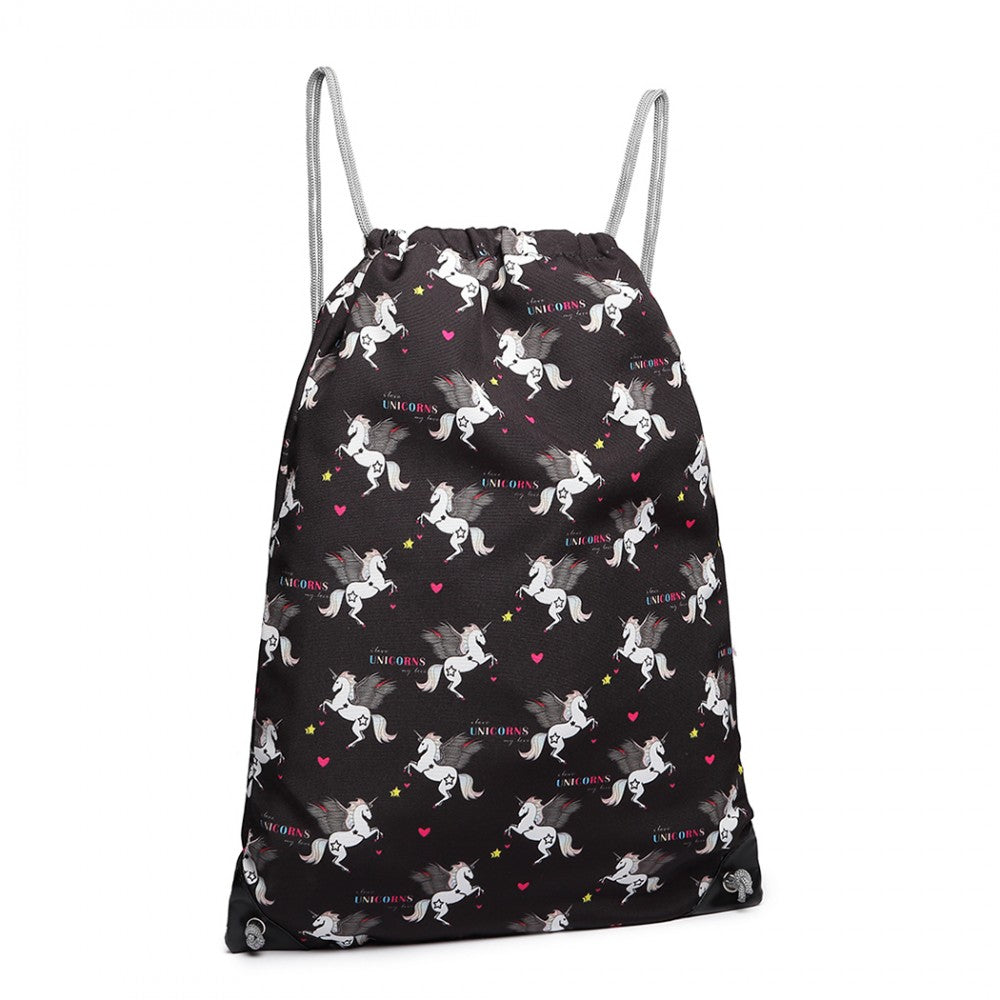 Miss Lulu Unicorn Print Drawstring Backpack - Black