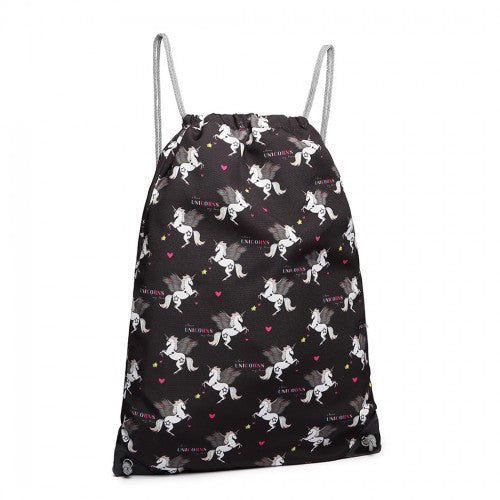 Miss Lulu Unicorn Print Drawstring Backpack - Black