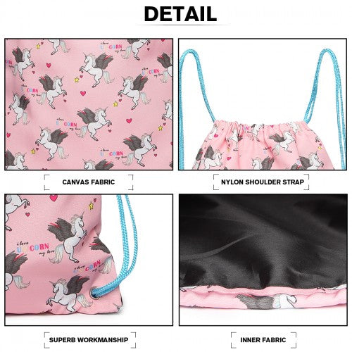 Miss Lulu Unicorn Print Drawstring Backpack - Pink