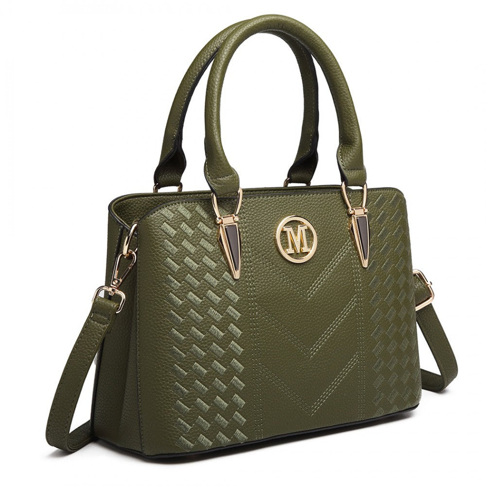 Miss Lulu Leather Look Weave Effect Shoulder Bag - Green