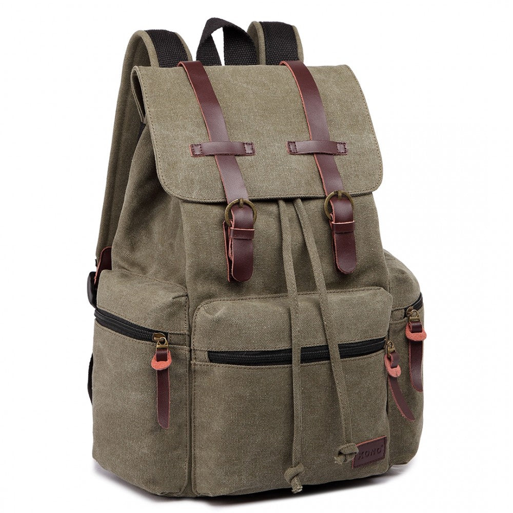 Kono Large Multi Function Leather Details Canvas Backpack Green