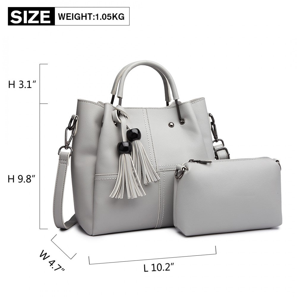 Miss Lulu Leather Look 2 In 1 Bucket Handbag - Grey