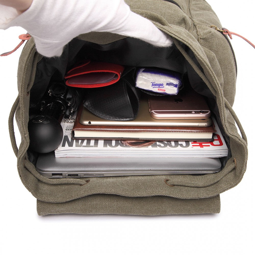 Kono Large Multi Function Leather Details Canvas Backpack Green