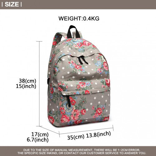 Miss Lulu Large Backpack Flower Polka Dot  - Grey