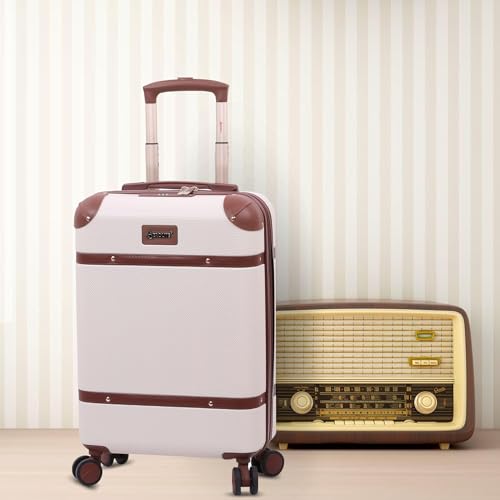 Aerolite Ultra Quiet 8 Wheel Stylish Classic Retro Vintage Style ABS Hard Shell Carry On Hand Cabin Luggage Suitcase with 4 Dual Hinomoto Wheels & TSA Lock 55x35x20, Cream