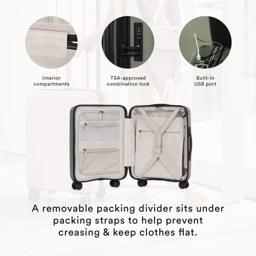 Antler Stamford Suitcase - Size Cabin, Khaki | Green 43L, Spinner Luggage with 4 Hinomoto Wheels, Removable Packing Divider | USB Port & TSA Lock | Super Lightweight, Matte, Hard Shell Case for Travel