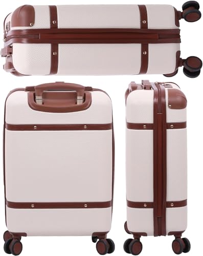 Aerolite Ultra Quiet 8 Wheel Stylish Classic Retro Vintage Style ABS Hard Shell Carry On Hand Cabin Luggage Suitcase with 4 Dual Hinomoto Wheels & TSA Lock 55x35x20, Cream