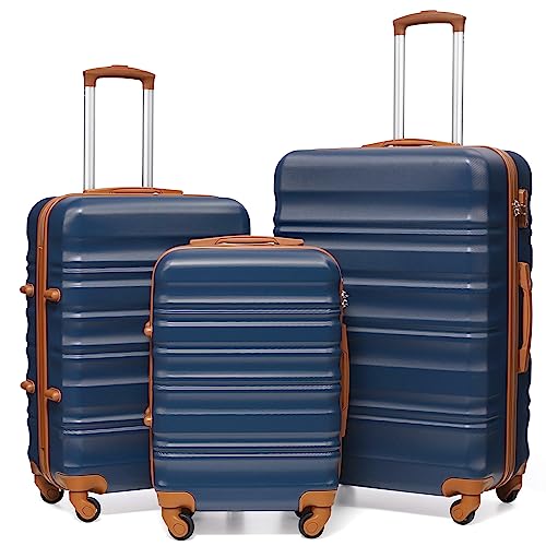 COOLIFE Suitcase Trolley Carry On Hand Cabin Luggage Hard Shell Travel Bag Lightweight with TSA Lock and 2 Year Warranty Durable 4 Spinner Wheels (Apricot Navy, 3 Pcs Set)