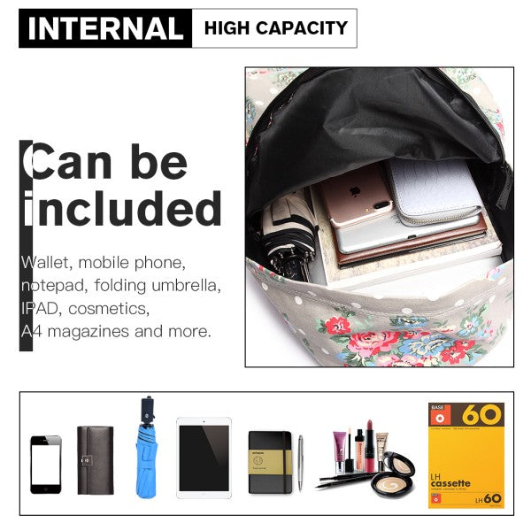 Miss Lulu Large Backpack Flower Polka Dot  - Grey