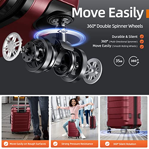 SHOWKOO Luggage Sets 3 Piece Hard Shell PC+ABS Expandable Lightweight Durable Travel Suitcase with Spinner Wheels TSA Lock, 20" 24" 28" -Wine Red