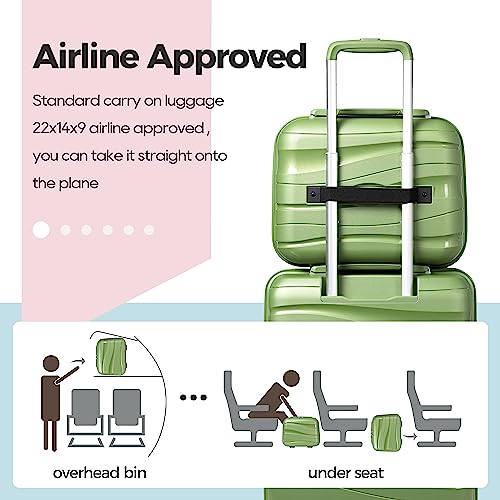 Melalenia Luggage Carry On Suitcase Sets, Expandable PP Hard Shell Suitcase with Spinner Wheels,Travel Luggage with TSA Locks 22x14x9 Airline Approved, Green, 5 Piece Set, Luggage