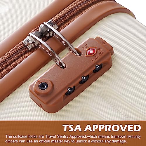 COOLIFE Suitcase Trolley Carry On Hand Cabin Luggage Hard Shell Travel Bag Lightweight with TSA Lock,The Suitcase Included 1pcs Travel Backpack and 1pcs Toiletry Bag (White/Brown, 20 Inch Luggage Set)