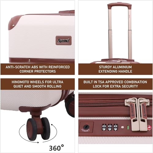 Aerolite Ultra Quiet 8 Wheel Stylish Classic Retro Vintage Style ABS Hard Shell Carry On Hand Cabin Luggage Suitcase with 4 Dual Hinomoto Wheels & TSA Lock 55x35x20, Cream