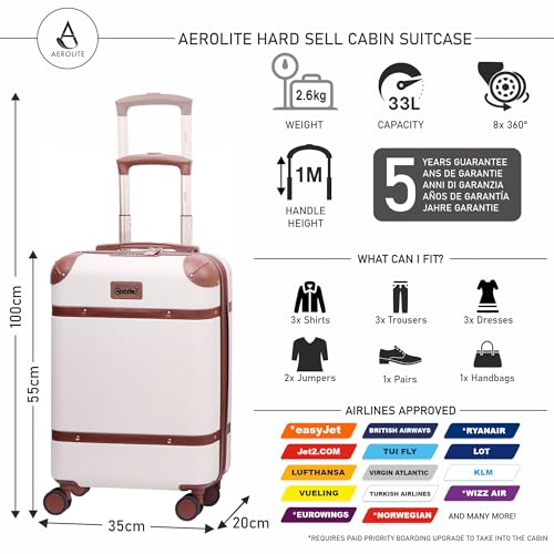 Aerolite Ultra Quiet 8 Wheel Stylish Classic Retro Vintage Style ABS Hard Shell Carry On Hand Cabin Luggage Suitcase with 4 Dual Hinomoto Wheels & TSA Lock 55x35x20, Cream