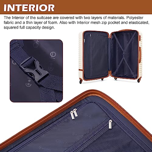 COOLIFE Suitcase Trolley Carry On Hand Cabin Luggage Hard Shell Travel Bag Lightweight with TSA Lock,The Suitcase Included 1pcs Travel Backpack and 1pcs Toiletry Bag (White/Brown, 20 Inch Luggage Set)