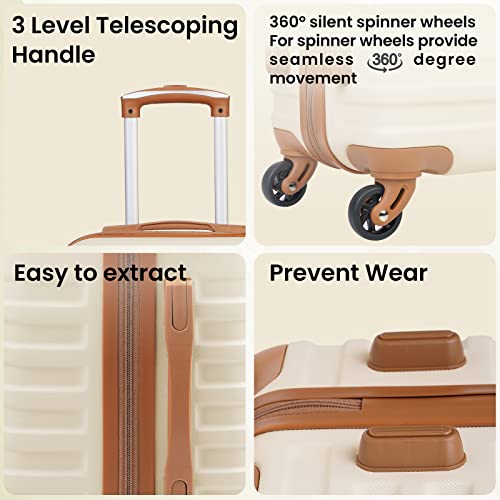COOLIFE Suitcase Trolley Carry On Hand Cabin Luggage Set with TSA Lock, Hard Shell Lightweight Included 1pcs Travel Bag and 1pcs Toiletry Bag (White/Brown, 20 Inch)