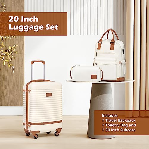 COOLIFE Suitcase Trolley Carry On Hand Cabin Luggage Hard Shell Travel Bag Lightweight with TSA Lock,The Suitcase Included 1pcs Travel Backpack and 1pcs Toiletry Bag (White/Brown, 20 Inch Luggage Set)