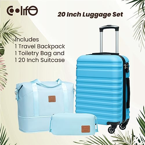 COOLIFE Suitcase Trolley Carry On Hand Cabin Luggage Hard Shell Travel Bag Lightweight with TSA Lock,The Suitcase Included 1pcs Travel Bag and 1pcs Toiletry Bag (Sky Blue, 20 Inch Luggage Set)