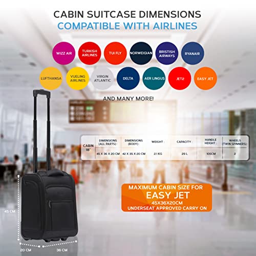 Flight Knight Set of 2 Luggage 45x36x20cm easyJet Underseat Carry On Non Priority Approved Cabin Suitcase - 2 Wheels - Ultra Lightweight Durable Soft Hand Case Textile