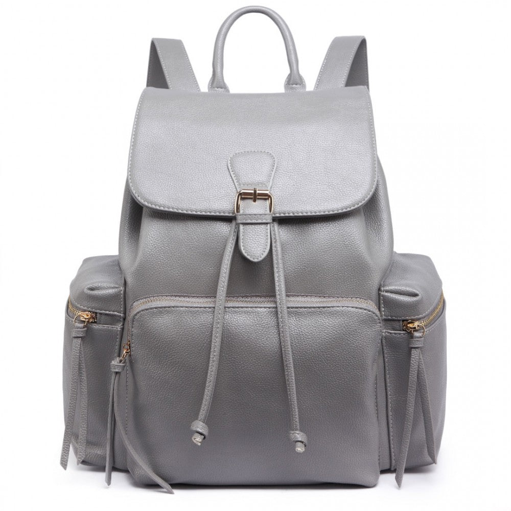 Miss Lulu Pu Leather Multi-Pocketslarge Backpack Grey