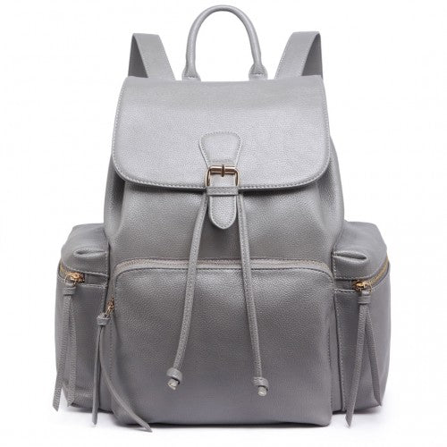 Miss Lulu Pu Leather Multi-Pocketslarge Backpack Grey