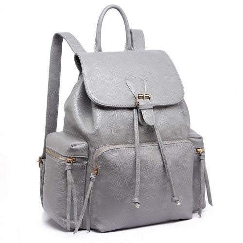 Miss Lulu Pu Leather Multi-Pocketslarge Backpack Grey