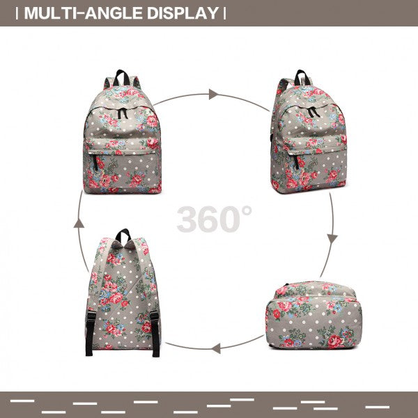 Miss Lulu Large Backpack Flower Polka Dot  - Grey