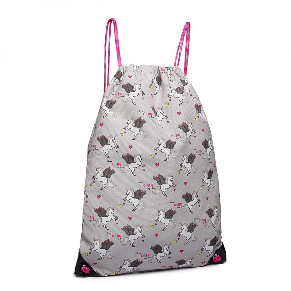 Miss Lulu Unicorn Print Drawstring Backpack - Grey