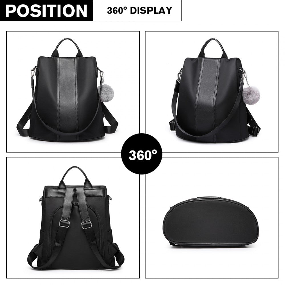 Miss Lulu Two Way Backpack Shoulder Bag With Pom Pom Pendant - Black