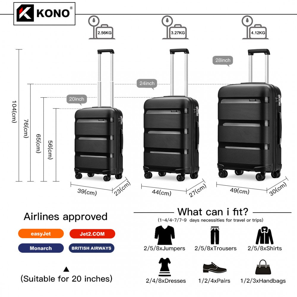 Kono Bright Hard Shell PP Suitcase 3 Pieces Set - Classic Collection - Black
