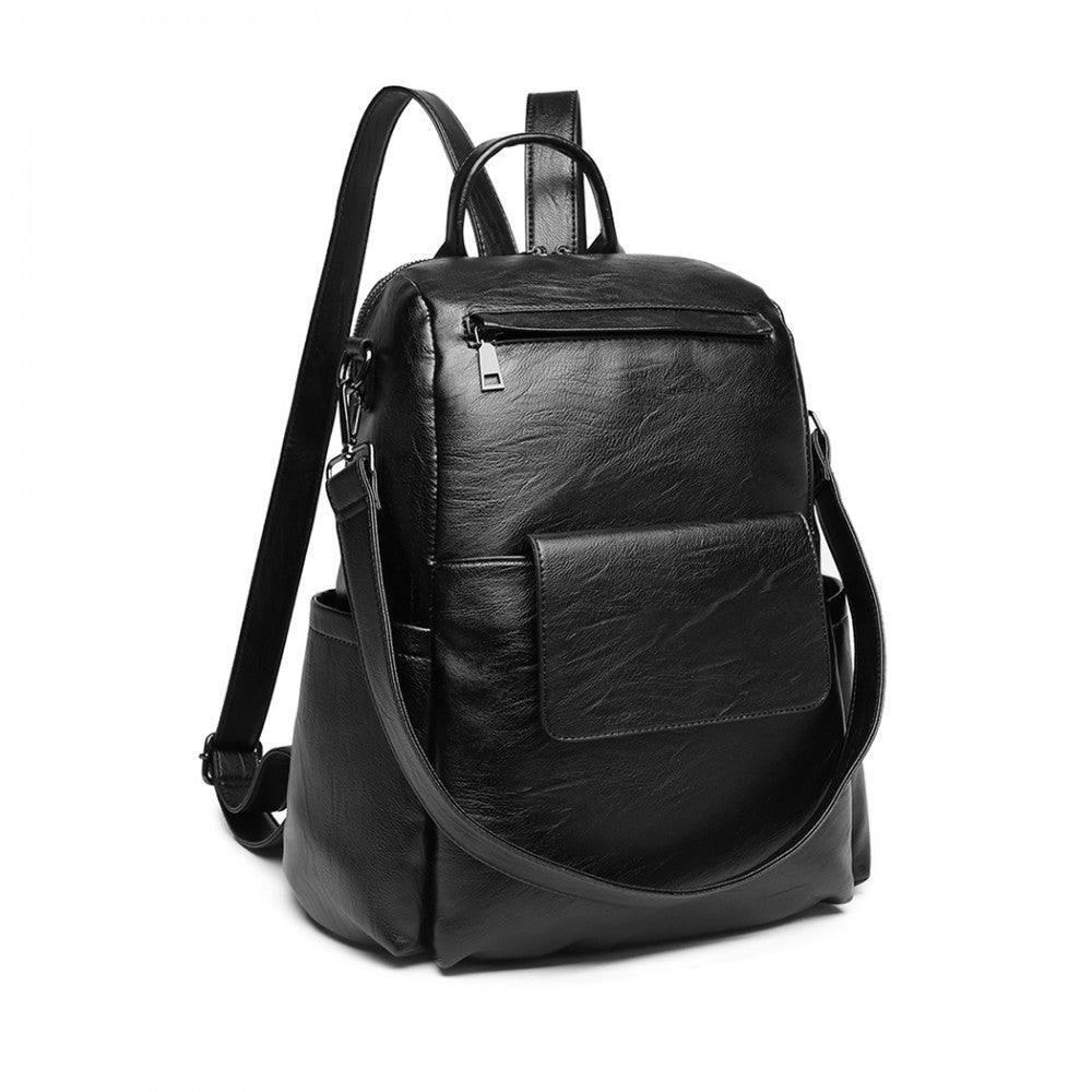 Miss Lulu Large Leather Look Backpack - Black