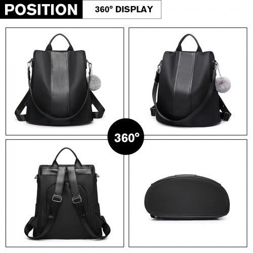 Miss Lulu Two Way Backpack Shoulder Bag With Pom Pom Pendant - Black