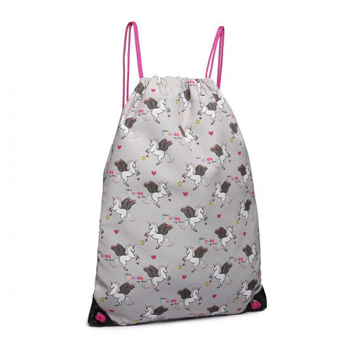 Miss Lulu Unicorn Print Drawstring Backpack - Grey