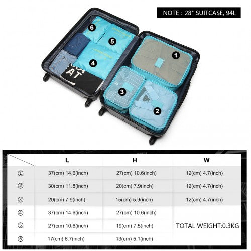 Miss Lulu 6 Piece Polyester Travel Luggage Organiser Bag Set - Blue
