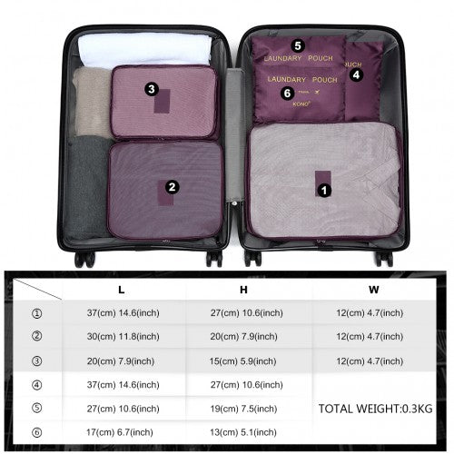 Kono 6 Piece Polyester Travel Luggage Organiser Bag Set - Burgundy