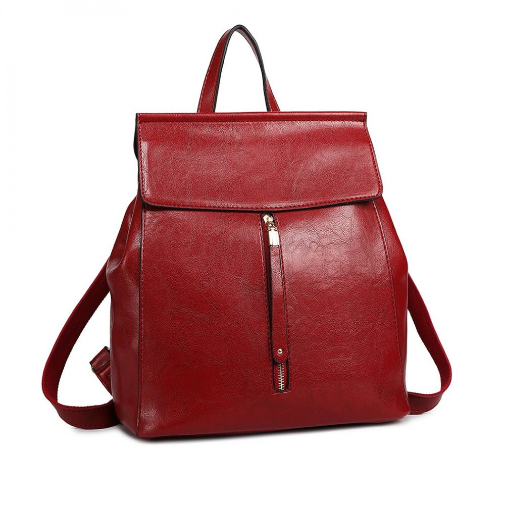 Miss Lulu Vintage Oil-Wax Faux Leather Backpack - Burgundy