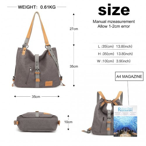 Kono Canvas Hobo Slouch Shoulder Bag And Backpack - Grey