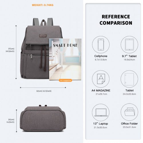 Kono Canvas Clamshell Drawstring School Backpack - Grey