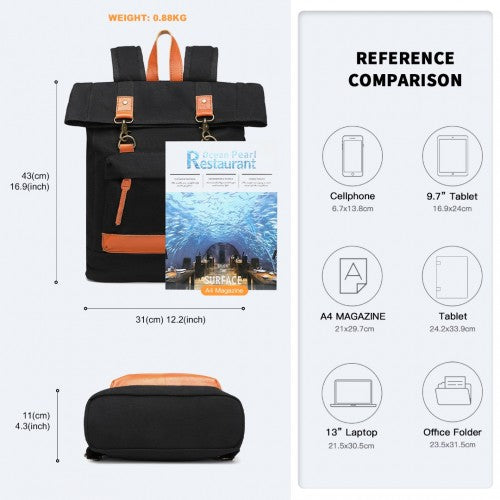 Kono Large Capacity Canvas Casual Travel Backpack - Black