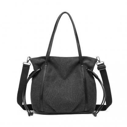 Kono Large Capacity Canvas & Leather Fusion Shoulder Tote Bag - Black