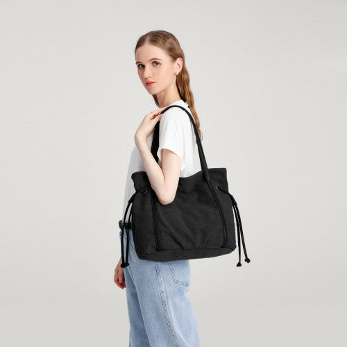 Kono Large Capacity Canvas & Leather Fusion Shoulder Tote Bag - Black