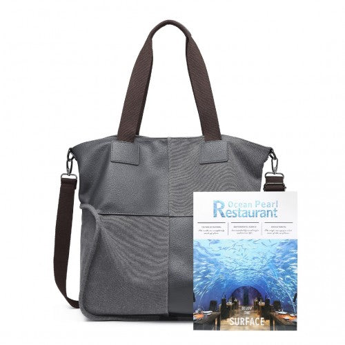 Kono Paneled Contrast Large Capacity Canvas Shoulder Bag - Grey