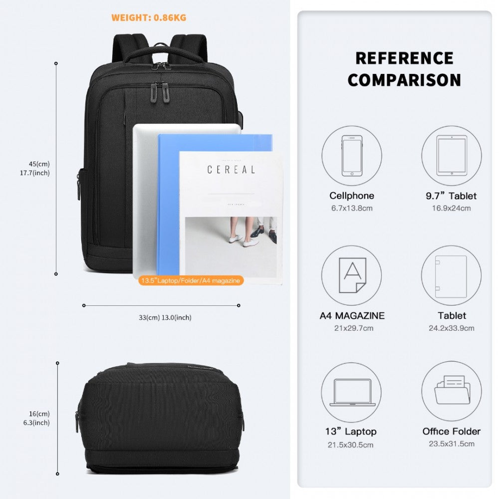 Kono Multi-Compartment Backpack With USB Port - Black