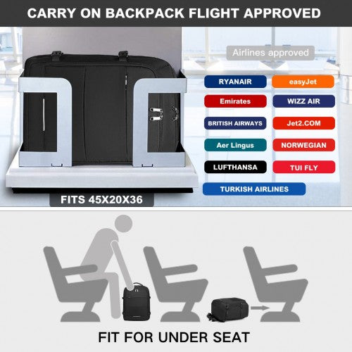 Kono Multi-Level High-Capacity Cabin Bag Travel 30L Backpack - Black