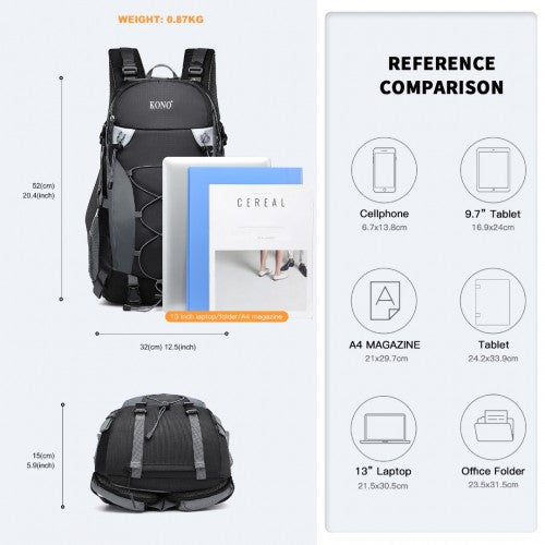 Kono Multi Functional Outdoor Hiking Backpack With Rain Cover - Black